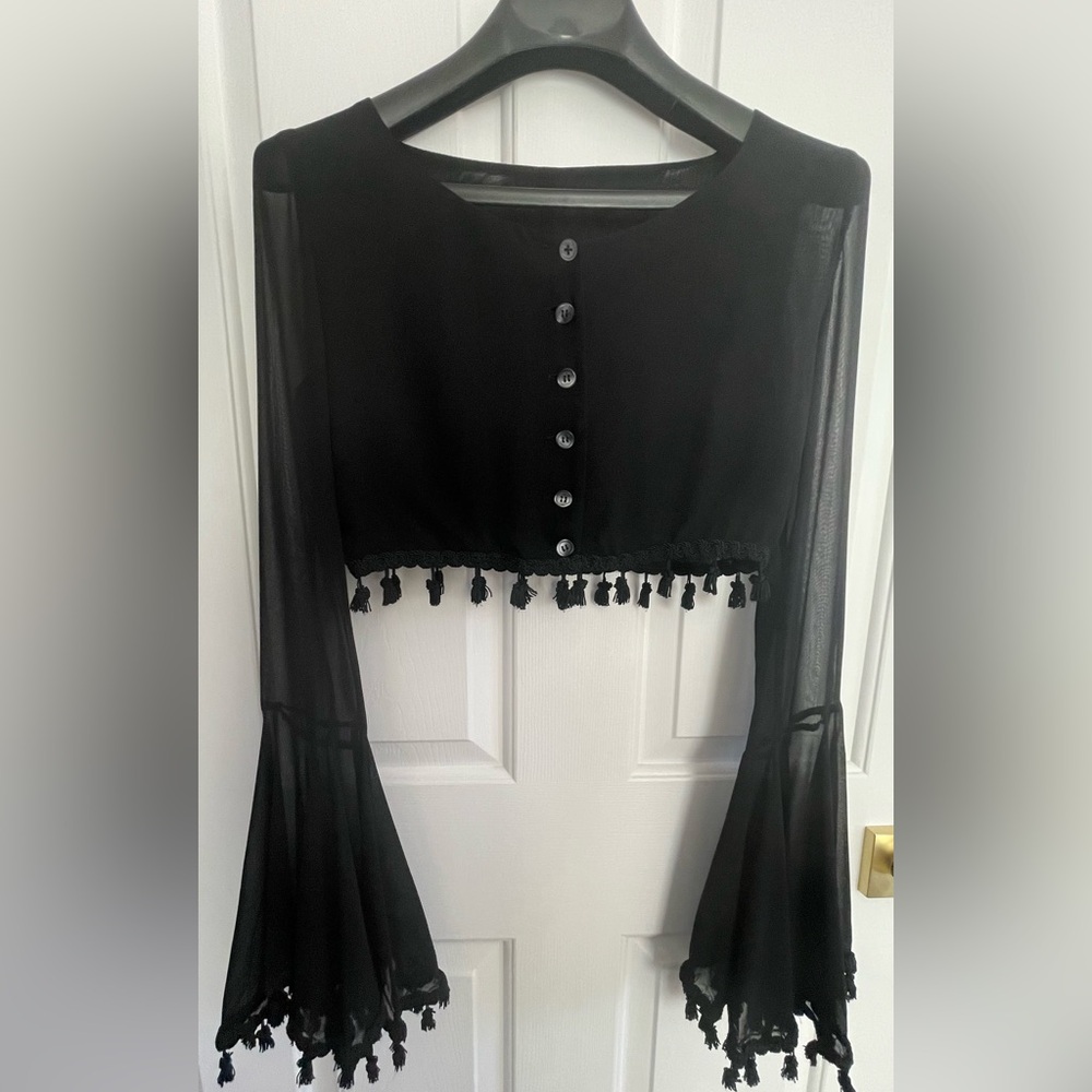 EUC Rare Vintage Dolce & Gabbana Sheer Black Top w/Tassels & Bell Sleeves IT 42 - Picture 4 of 13